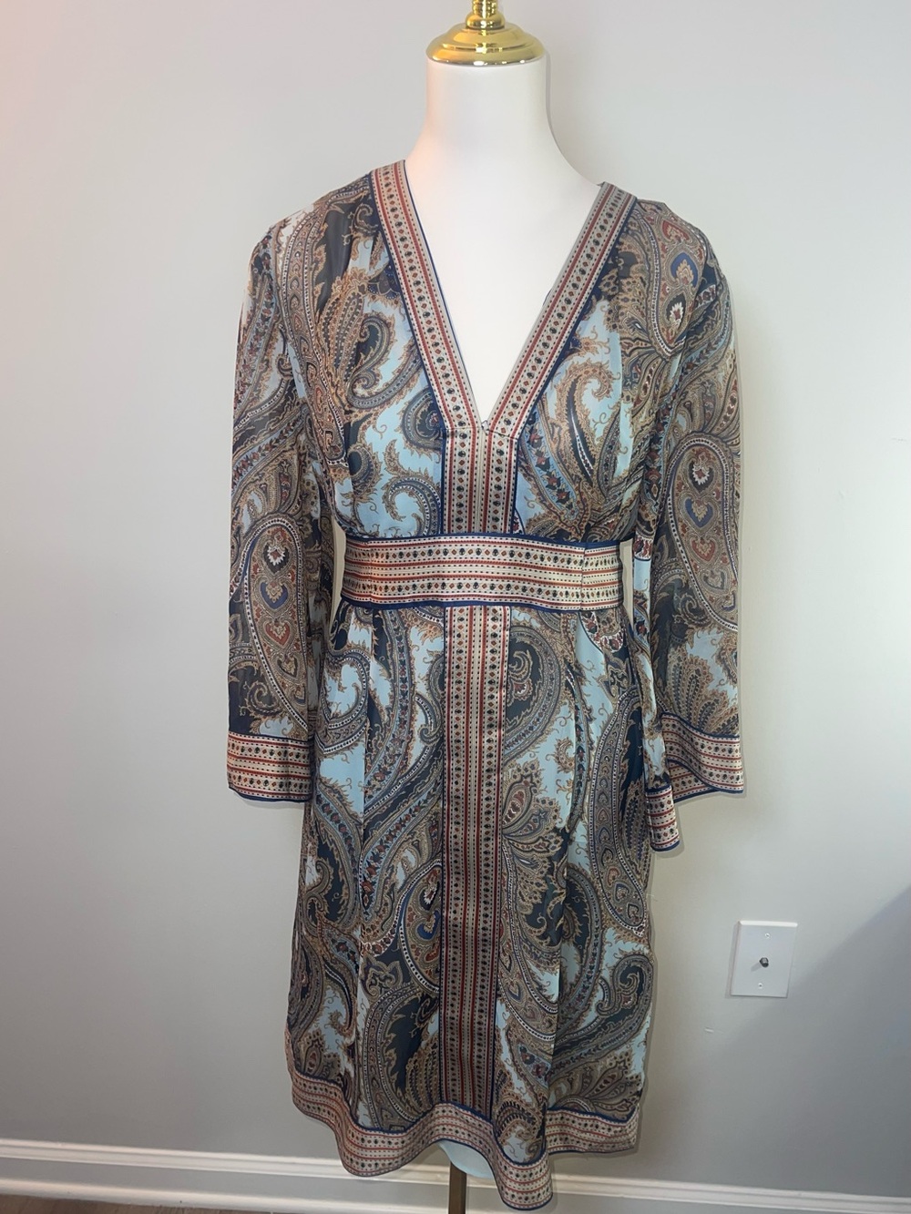 New York & Company Paisley Wrap Dress in Light Blue and Brown